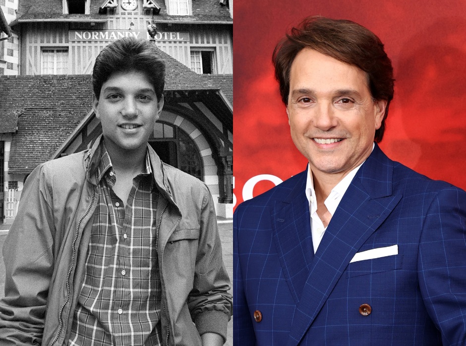Image partagée de Ralph Macchio en jeune homme en noir et blanc et une photo couleur de l'acteur actuel en couleur.