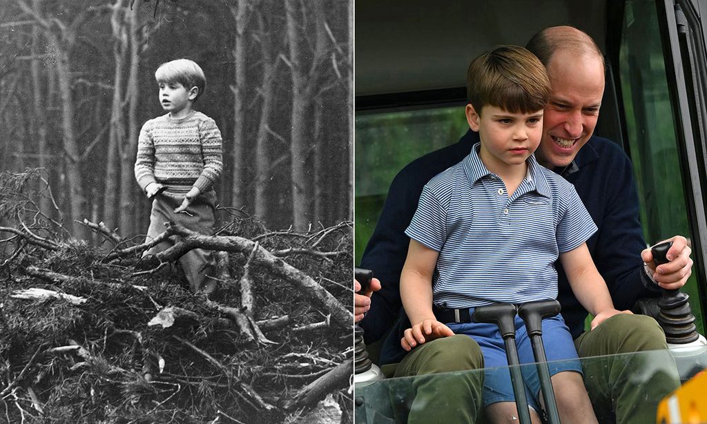 split image showing one boy on pile of sticks and one boy in digger with dad