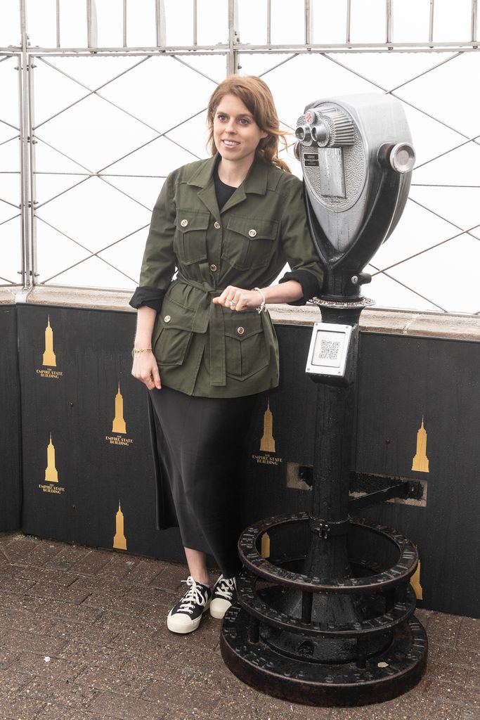 Princess Beatrice in a khaki jacket and black skirt