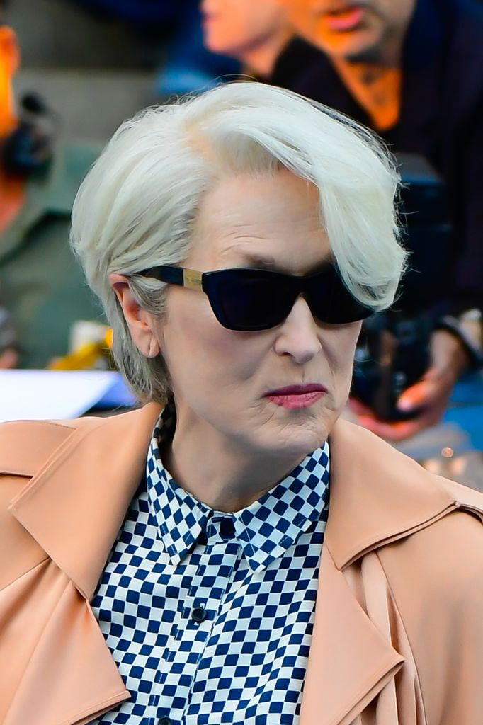 Miranda Priestly black sunglasses with gold on the side on the set of The Devil Wears Prada 2