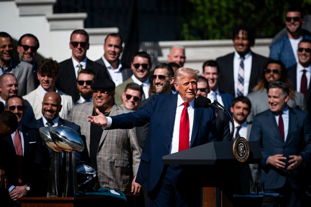 U.S. President Donald Trump speaks during an event welcoming the 2025 Super Bowl Champion Philadelphia Eagles on the South Lawn of the White House, on Monday, April 28, 2025 in Washington, DC