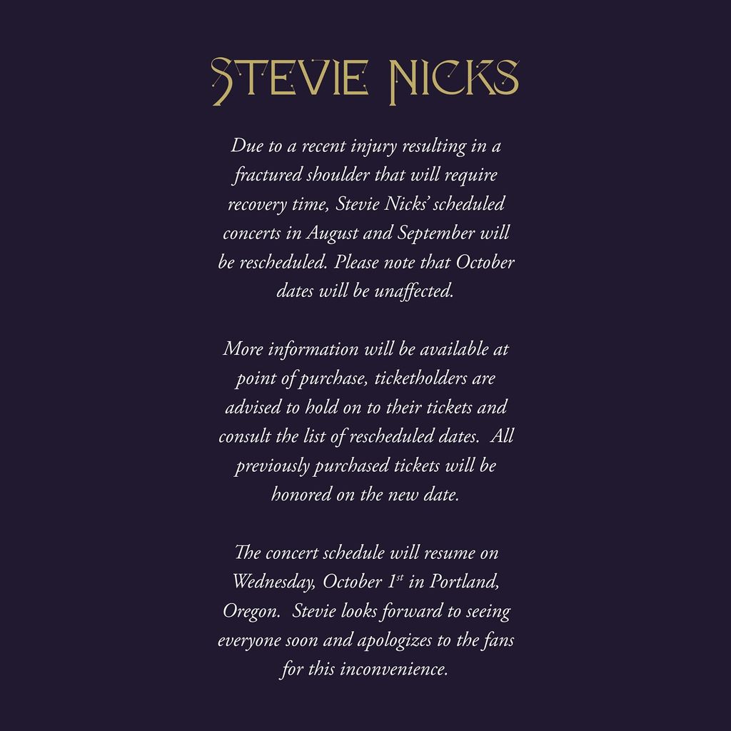 stevie nicks statement rescheduled tour 