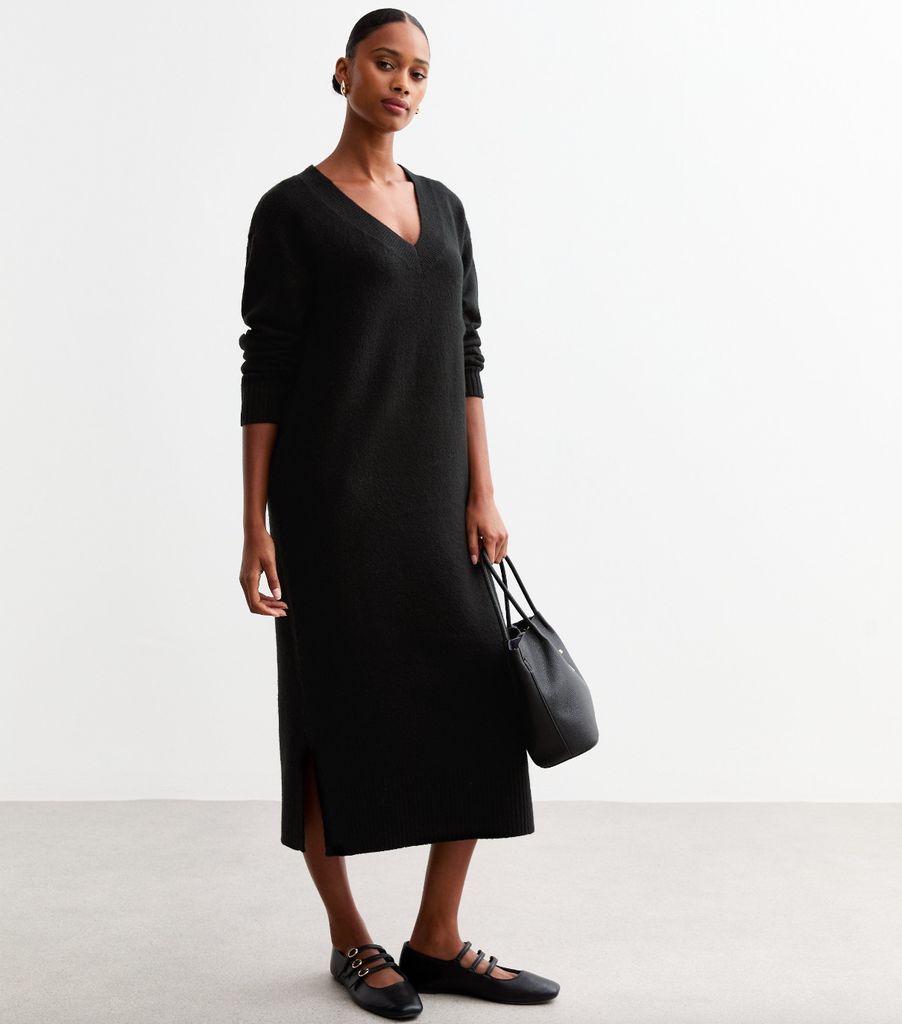 New Look Black V Neck Knit Midi Jumper Dress