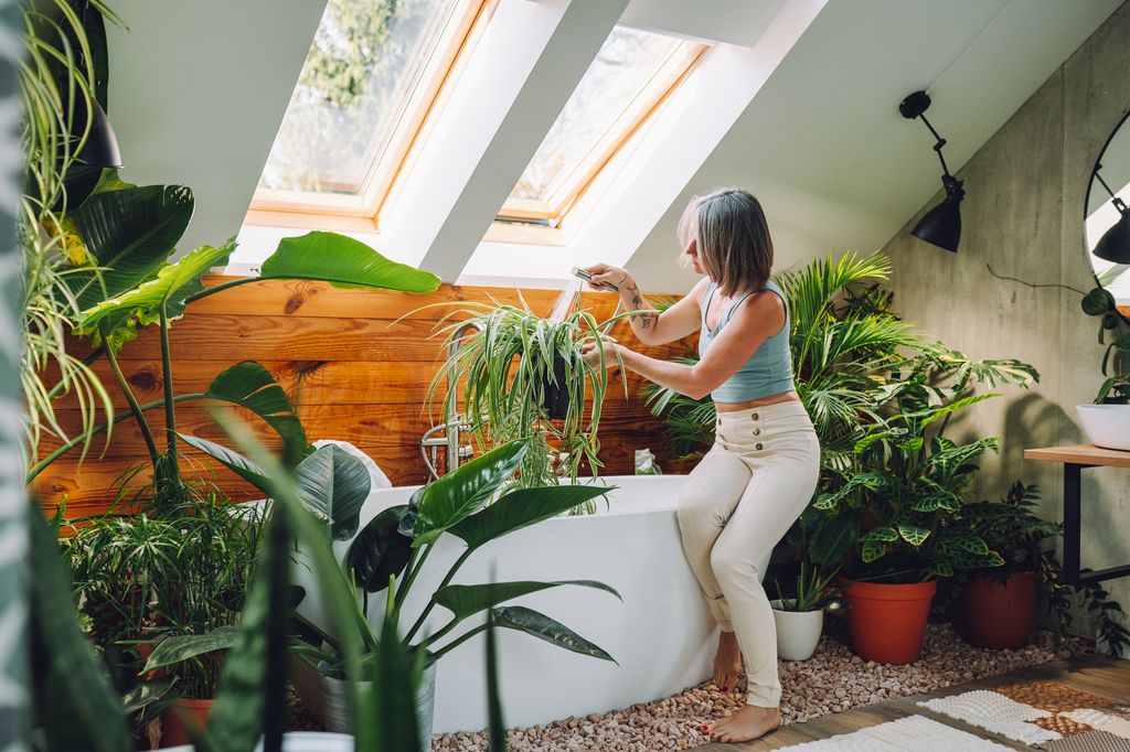 Chlorophytum comosum care. Caucasian silver haired mature woman lovingly washes a spider plant m in a bathtub, encircled by plants.