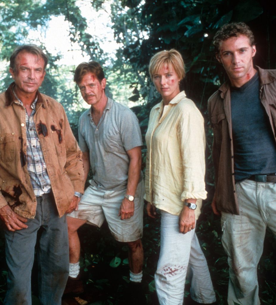 Sam Neill, William H Macy, Tea Leoni and Alessandro Nivola on set of the film 'Jurassic Park III', 2001