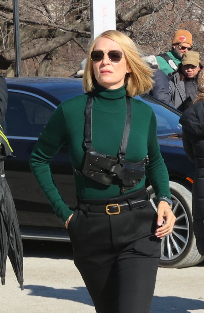 Uma Thurman is seen on the set of "Dexter: Resurrection" in Central Park on March 03, 2025 in New York City