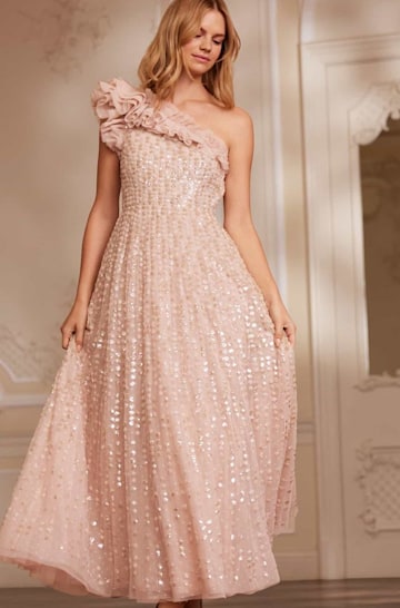 Blush beige sequin Raindrop One-Shoulder Ankle Gown