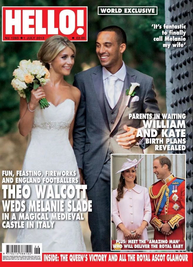 Theo Walcott and Melanie Slade on their wedding day on a HELLO! cover