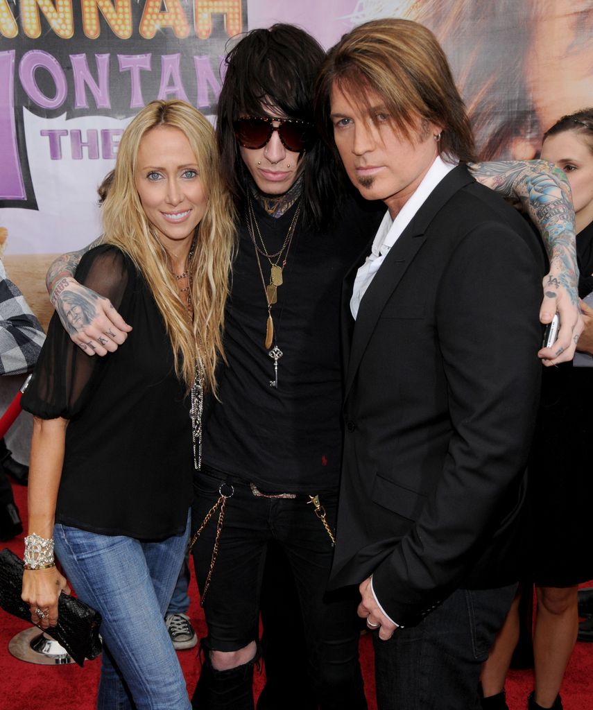 Tish Cyrus, Trace Cyrus and Billy Ray Cyrus at the Hannah Montana premiere