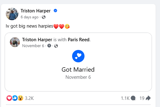 Screengrab of Triston Harper's FB post announcing his marriage 