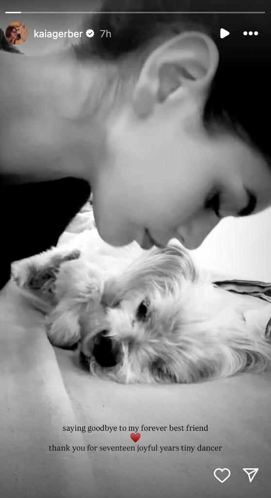 Photo of Kaia Gerber kissing her dog