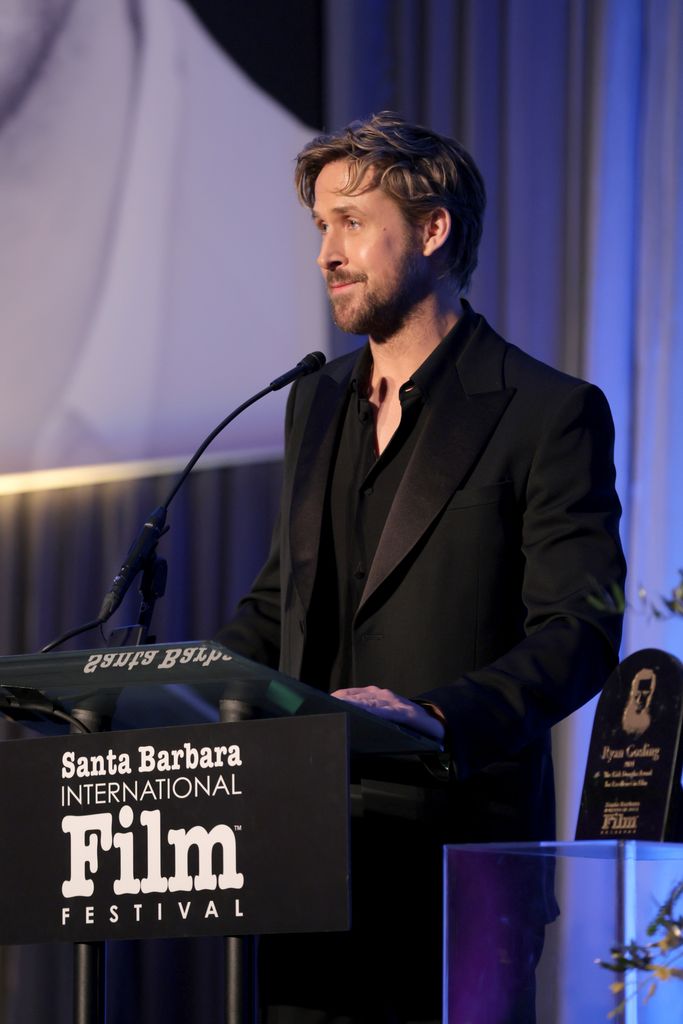 Ryan Gosling speaks onstage while accepting award at Santa Barbara International Film Festival's Kirk Douglas Award Honoring Ryan Gosling at The Ritz Carlton Bacara on January 13, 2024 in Santa Barbara, California.