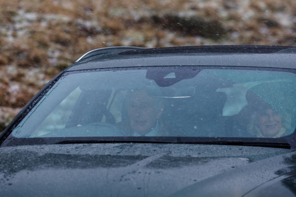 King Charles III and Queen Camilla leaving Crathie Kirk, near Balmoral, in their car
