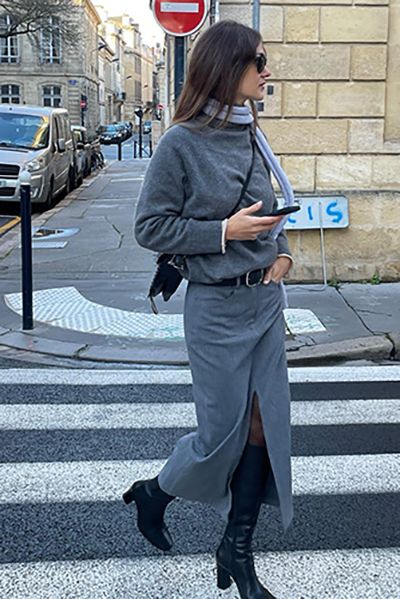 Anne Laure Mais Wearing Grey Knit And Slit Skirt