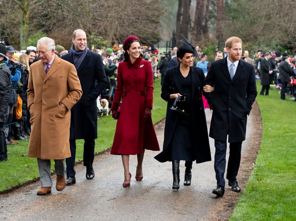 King Charles, Prince William, Duke of Cambridge, and Catherine, Duchess of Cambridge, Prince Harry, Duke of Sussex and Meghan, Duchess of Sussex attend Christmas Day Church service in 2018