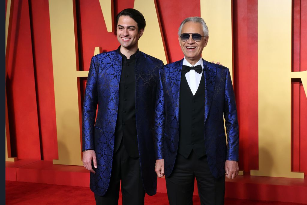 Matteo Bocelli and Andrea Bocelli attend the 2024 Vanity Fair Oscar Party