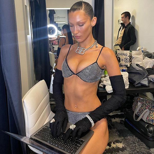 Bella Hadid Works On Laptop Balenciaga Bikini