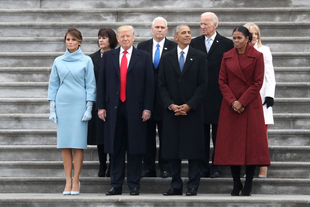 First Lady Melania Trump, Karen Pence, President Donald Trump, Vice President Mike Pence, former president Barack Obama, former vice president Joe Biden, Michelle Obama and Jill Biden stand on the steps of the U.S. Capitol on January 20, 2017 in Washington, DC. In today's inauguration ceremony Donald J. Trump becomes the 45th president of the United States