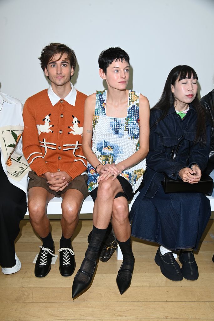 Sebastian Croft and Emma Corrin attend the SS Daley show during London Fashion Week September 2024 on September 13, 2024 in London, England