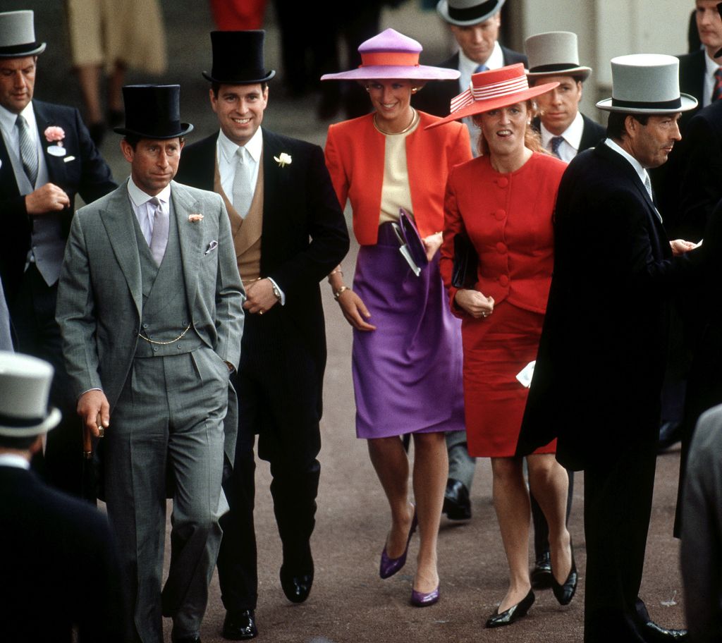King Charles and Princess Diana with Prince Andrew and Sarah Ferguson at the Royal Ascot race meeting, June 1990