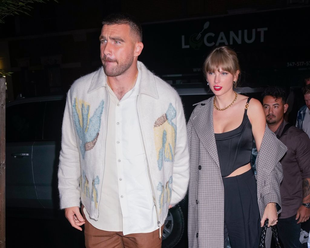 Travis Kelce and Taylor Swift arrive at SNL Afterparty on October 15, 2023 in New York City. (Photo by Gotham/GC Images)