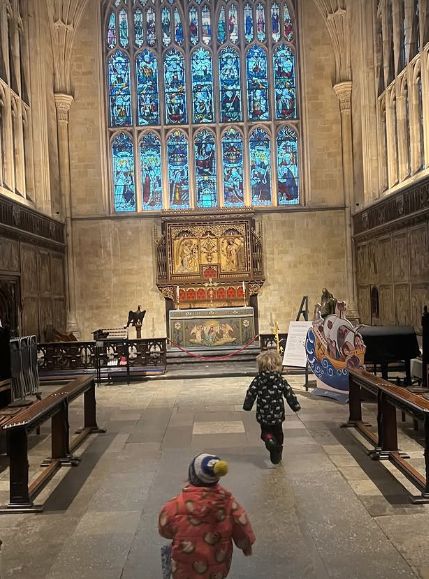 Two children inside a cathedral