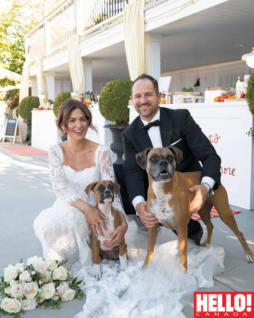 Jillian and Justin are greeted by their pups Churro and Peaches after the church ceremony.