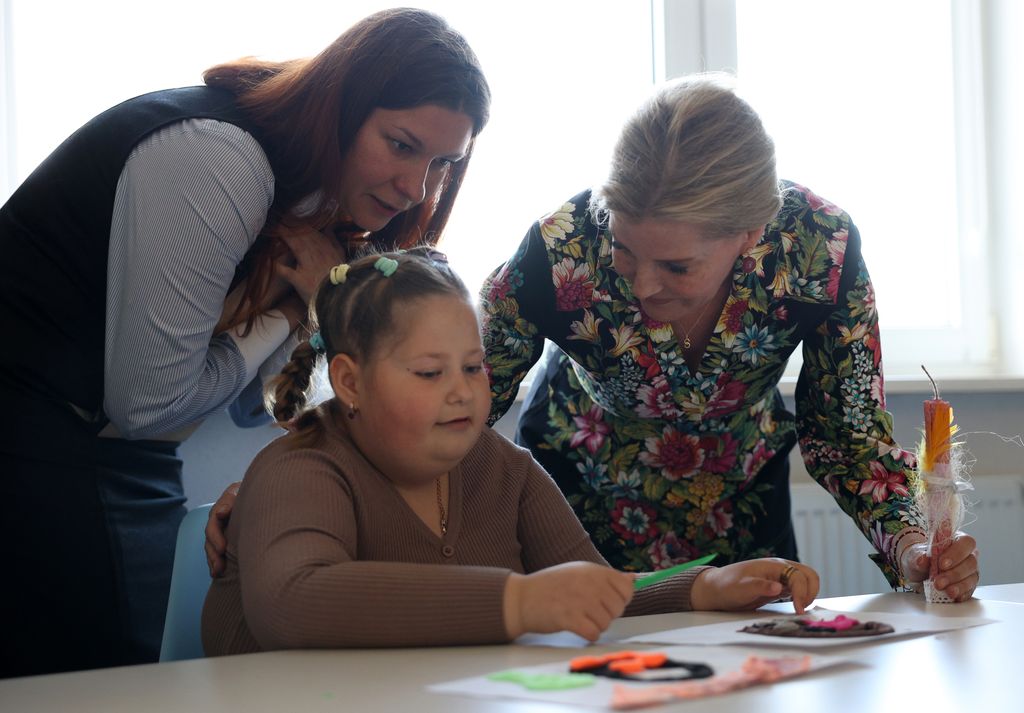 Sophie, Duchess of Edinburgh meets with children as she visits the Family center of the NGO "Save Ukraine" on April 29, 2024 in Irpin, Ukraine.