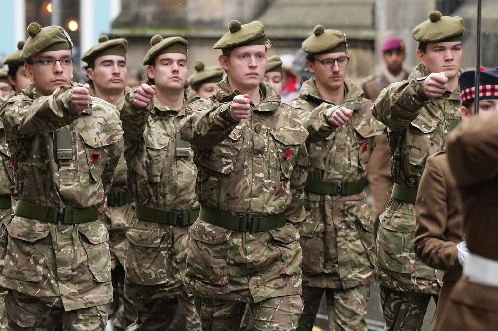 Lady Louise Windsor marches with the A Squadron, Students of Tayforth UOTR from the University of St. Andrews, in the Remembrance Sunday Parade at St Andrews on the 9th November, 2025.