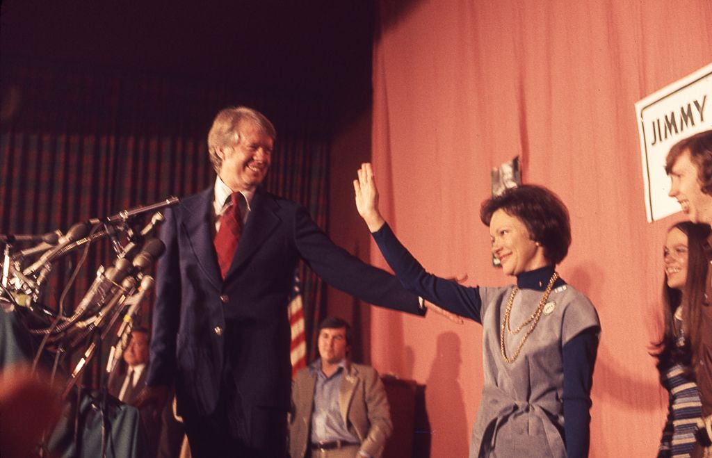 Jimmy Carter and his wife, Rosalynn Carter, celebrate victory in the New Hampshire Democratic Primary election, New Hampshire, February 24, 1976