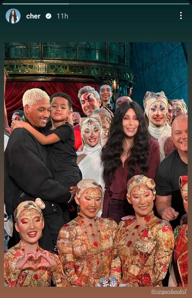 Cher and A.E. with Slash and the cast of Cirque du Soleil