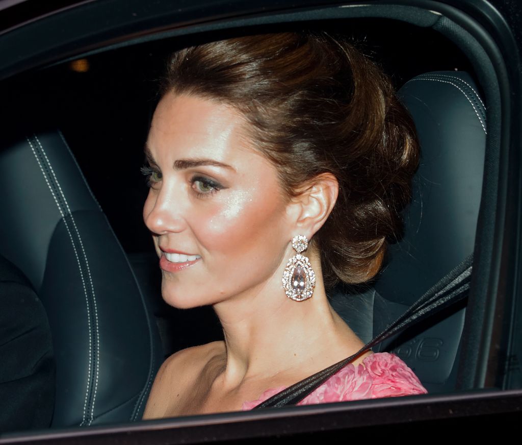 Kate Middleton wearing morganite earrings and pink dress for Prince Charles's 70th birthday