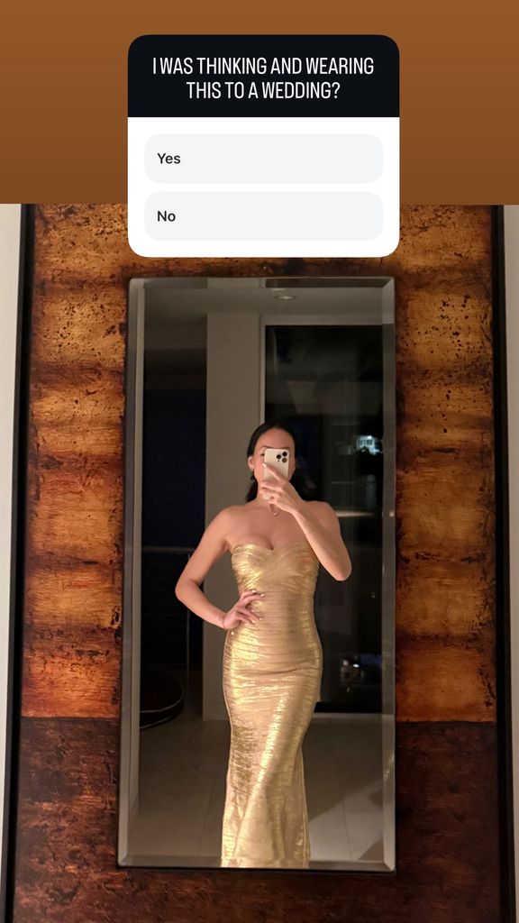 Dara Huang in a gold strapless dress