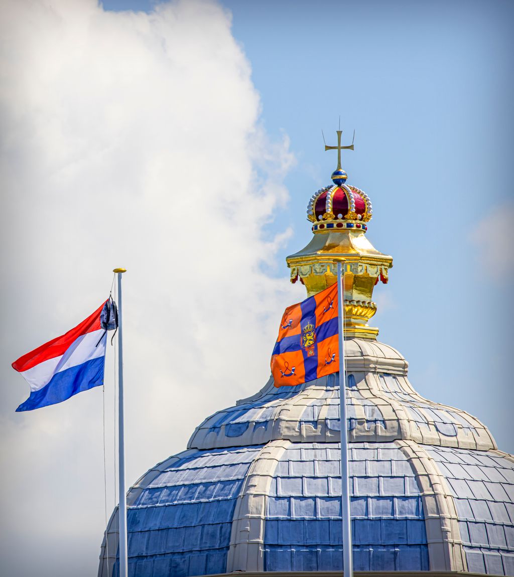 Princess Catherina-Amalia's backpack hung on the pole with the Dutch national flag at Palace Huis ten Bosch after she graduated from high school on June 10, 2021 in The Hague, Netherlands