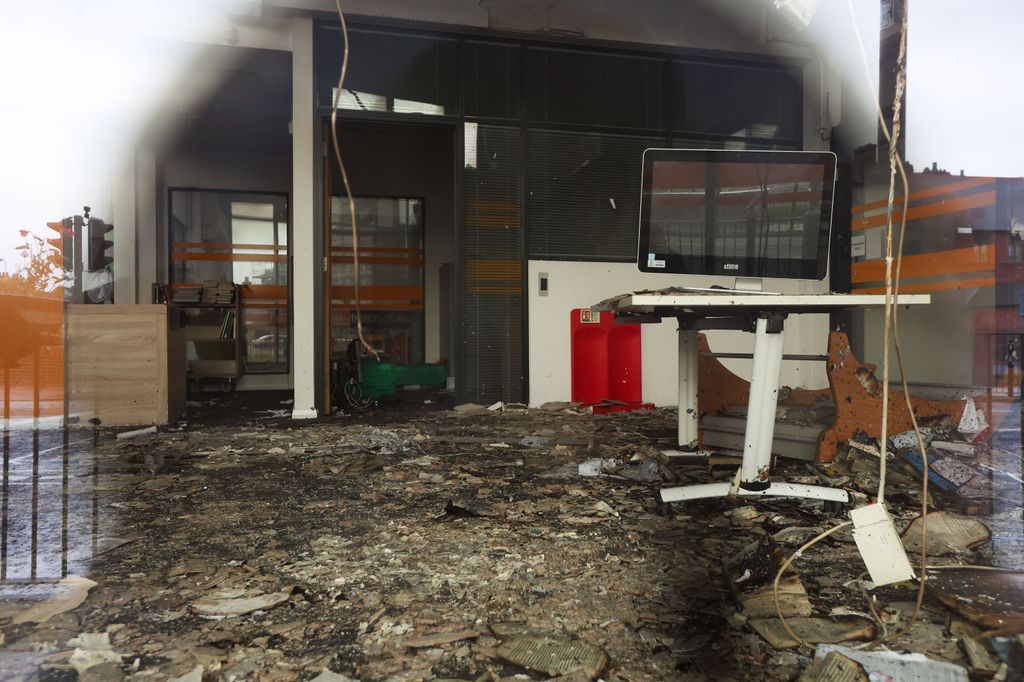 The ruined interior of a library following a fire