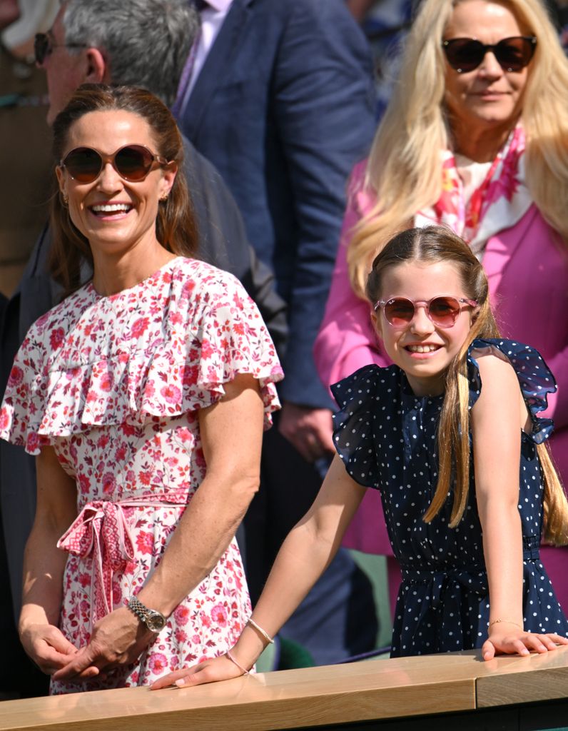 Pippa Middleton and Princess Charlotte of Wales court-side of Centre Court during the men's final on day fourteen of the Wimbledon Tennis Championships at the All England Lawn Tennis and Croquet Club on July 14, 2024 in London, England. (Photo by Karwai Tang/WireImage)