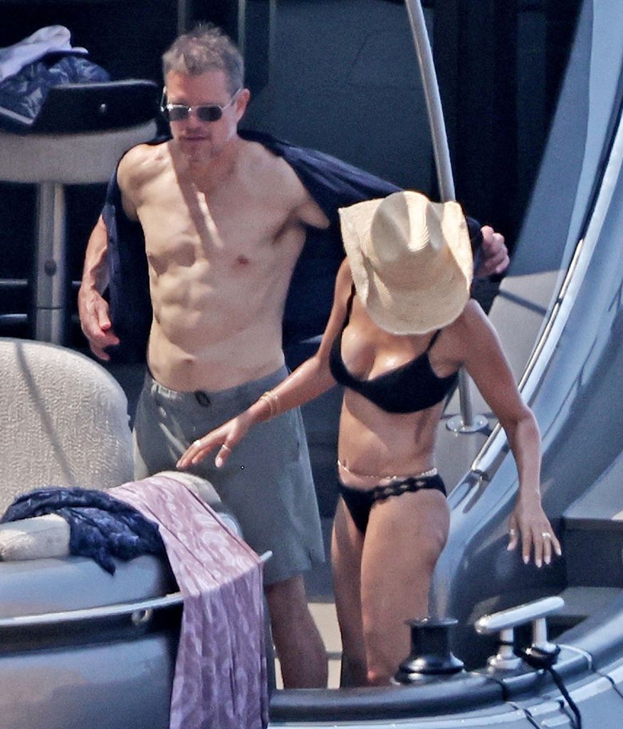 matt damon and wife in swimwear on a yacht