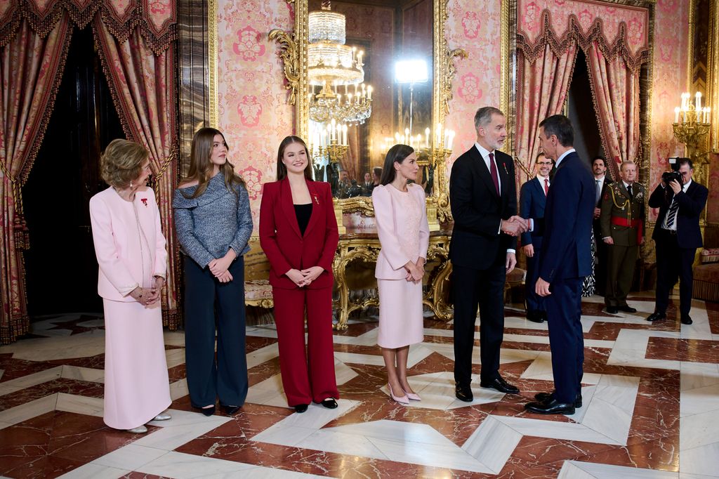 Queen Sofia, Princess Sofia, Crown Princess Leonor of Spain, Queen Letizia of Spain, King Felipe VI of Spain and prime minister Pedro Sanchez attend the reception held after the imposition of the Golden Fleece
