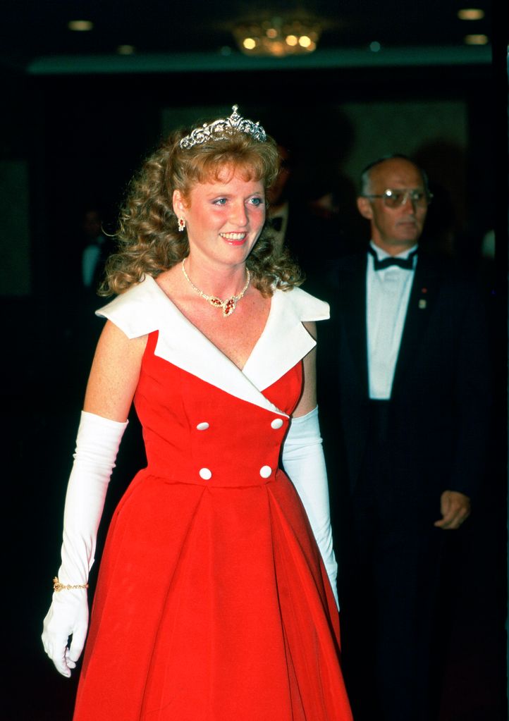 Sarah Ferguson wearing red dress with white collar and York tiara in Toronto in 1987