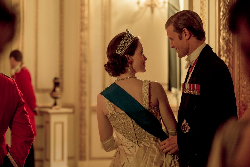 Elizabeth and Philip enjoy a private moment at the Ambassadors Ball in The Crown
