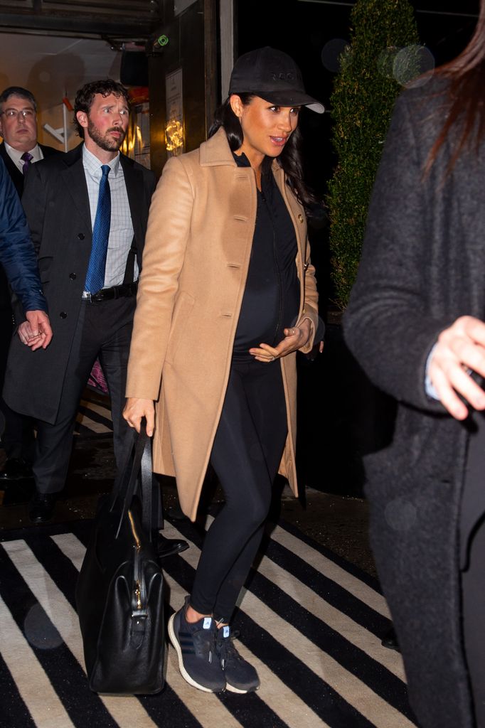 Meghan, Duchess of Sussex is seen in the Upper East Side in leggings and camel coat