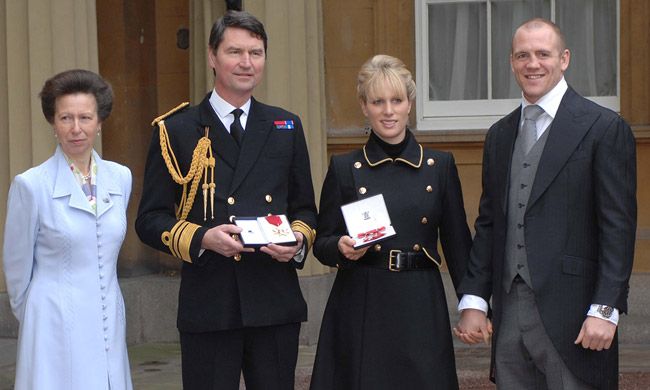 mike and zara tindall at buckingham palace with zaras mother and her husband
