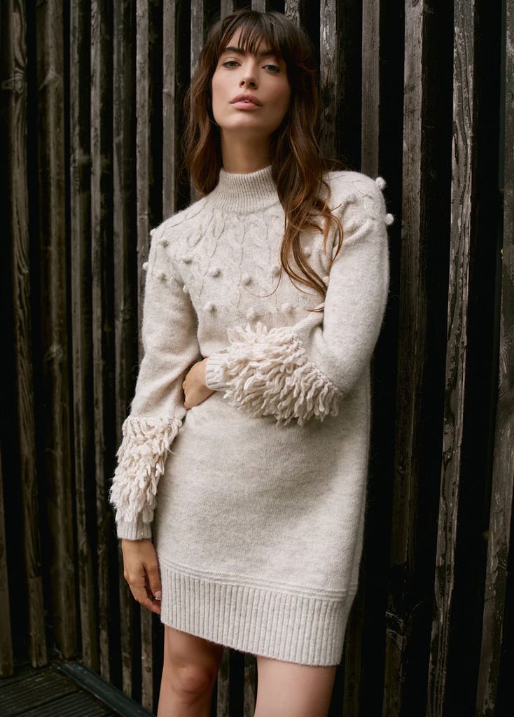 Mint Velvet Neutral Textured Wool Blend Knit Mini Dress