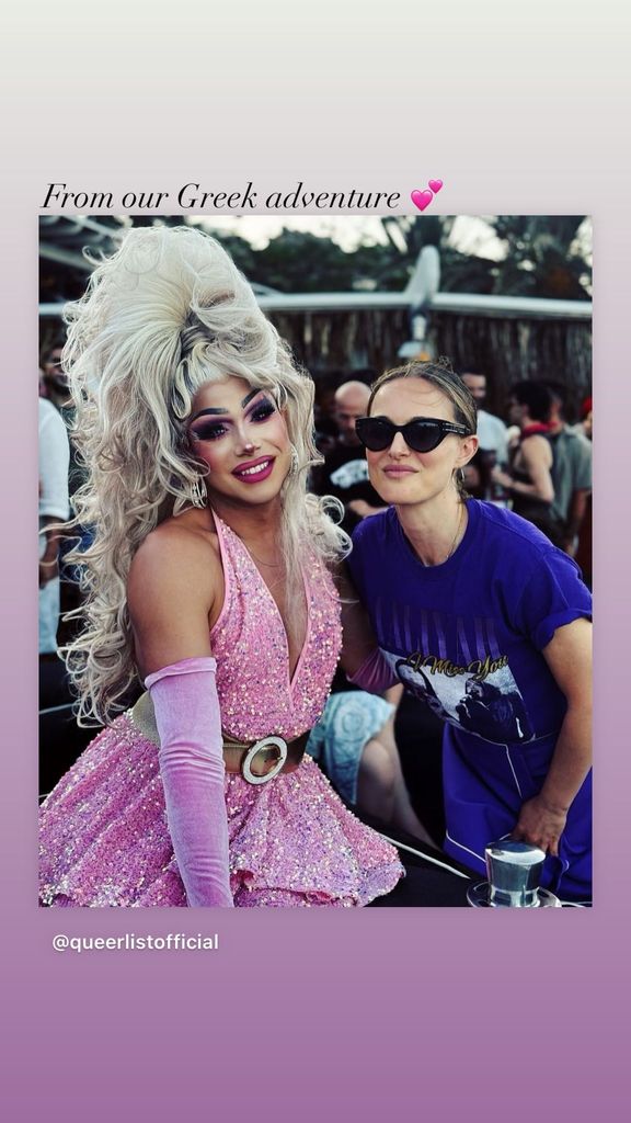 Natalie Portman shares a photo taken during her family vacation in Greece with drag performer Athena Dion on Instagram