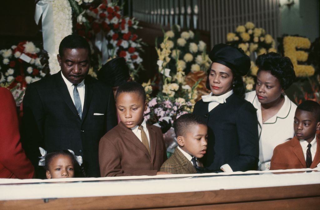 Coretta Scott King, and his children Martin Luther King III, Dexter King and Bernice King at the funeral of assassinated civil rights leader Martin Luther King Jr at the Ebenezer Baptist Church in Atlanta, Georgia, 9th April 1968