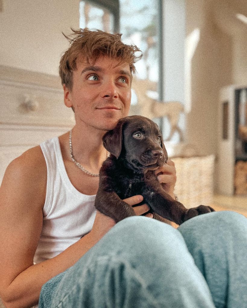 A photo of Joe Sugg holding a chocolate labrador puppy 