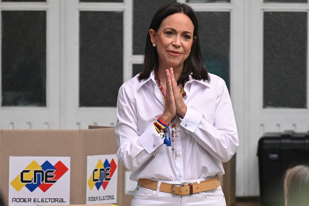  Maria Corina Machado in white shirt during the presidential election, in Caracas on July 28, 2024. 