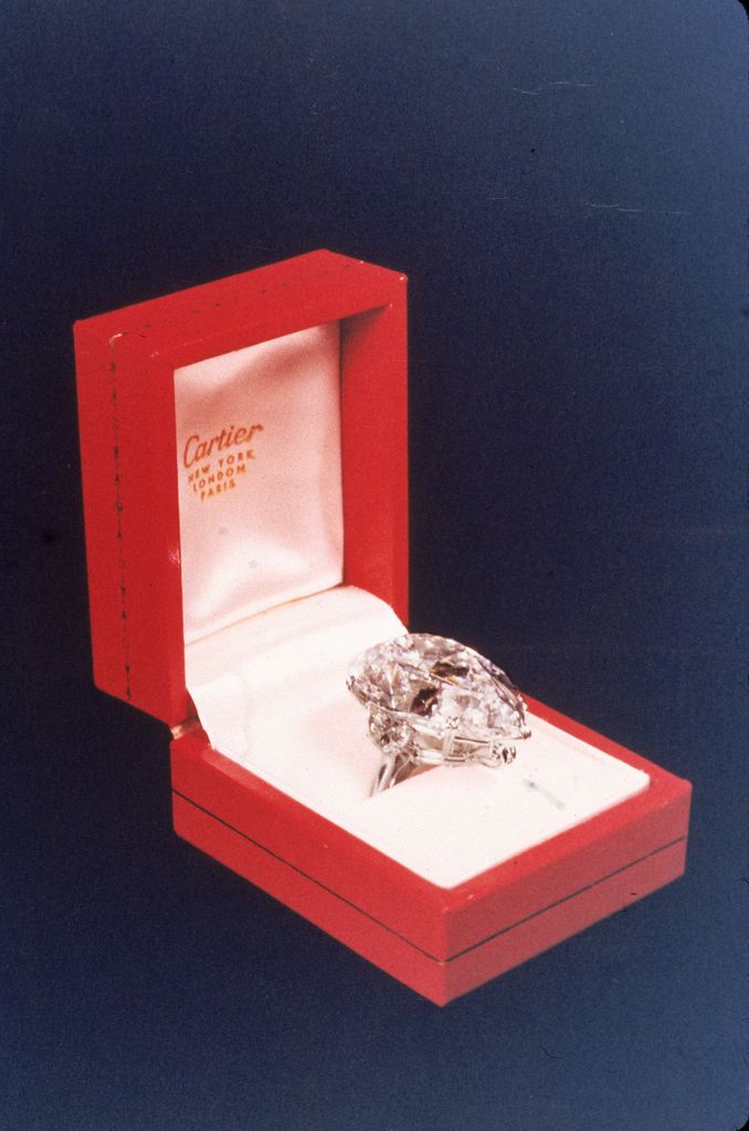 Close-up view of a 69.2 carat Cartier diamond in a red case, which was sold at auction for $1,050,000 in 1969 and subsequently purchased by actor Richard Burton for his wife Elizabeth Taylor.(Photo by Hulton Archive/Getty Images)