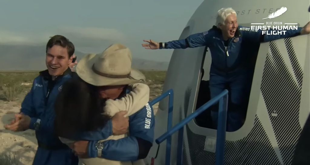 Jeff Bezos along with his brother Mark Bezos, 18-year-old Oliver Daemen, and 82-year-old Wally Funk leave Blue OriginÃ¢s New Shepard crew capsule after landing on July 20, 2021 in Van Horn, Texas. Mr. Bezos and the crew rode in the first human spaceflight for the company