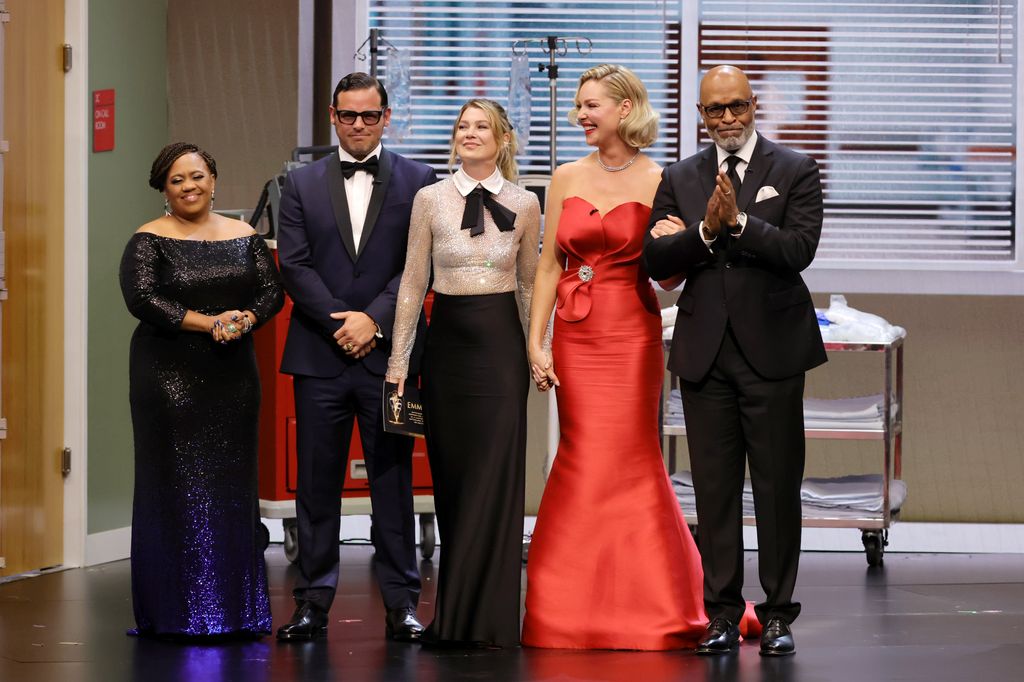 Chandra Wilson, Justin Chambers, Ellen Pompeo, Katherine Heigl and James Pickens speak onstage during the 75th Primetime Emmy Awards at Peacock Theater on January 15, 2024 in Los Angeles, California. (Photo by Kevin Winter/Getty Images)